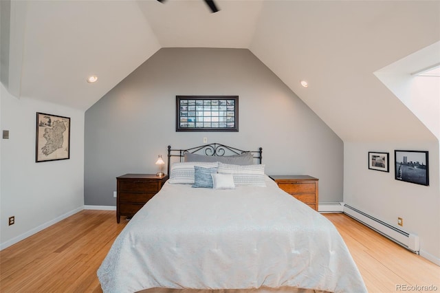 1165 N Pennsylvania St Unit 3B, Denver, CO 80203 - bedroom with a baseboard heating unit, light wood-style flooring, lofted ceiling, baseboards, and recessed lighting