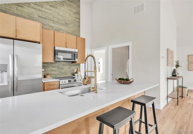 2600 S Downing St, Denver, CO 80210 - kitchen featuring appliances with stainless steel finishes, decorative backsplash, a kitchen bar, a high ceiling, and light countertops