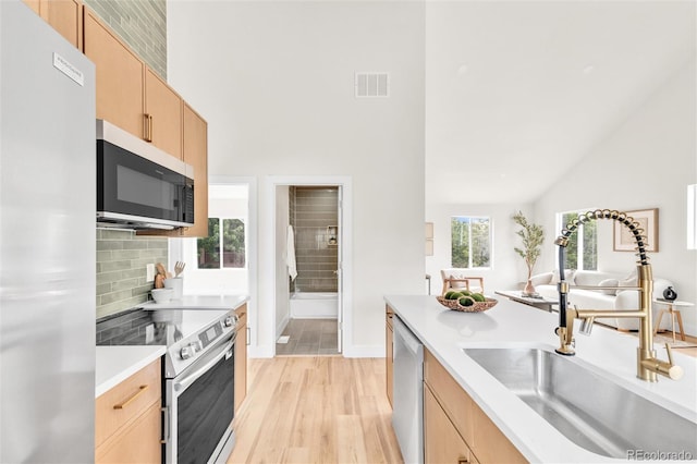 2600 S Downing St, Denver, CO 80210 - kitchen featuring stainless steel appliances, light brown cabinets, light countertops, light wood-style flooring, and high vaulted ceiling