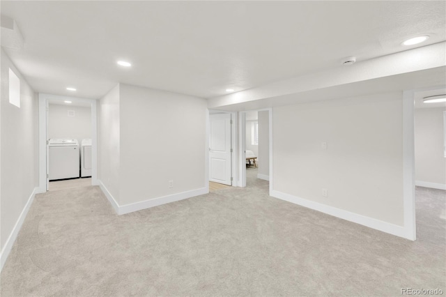 2600 S Downing St, Denver, CO 80210 - finished basement with washer and clothes dryer, light colored carpet, and recessed lighting