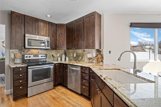 kitchen with decorative backsplash, sink, light hardwood / wood-style flooring, appliances with stainless steel finishes, and light stone counters