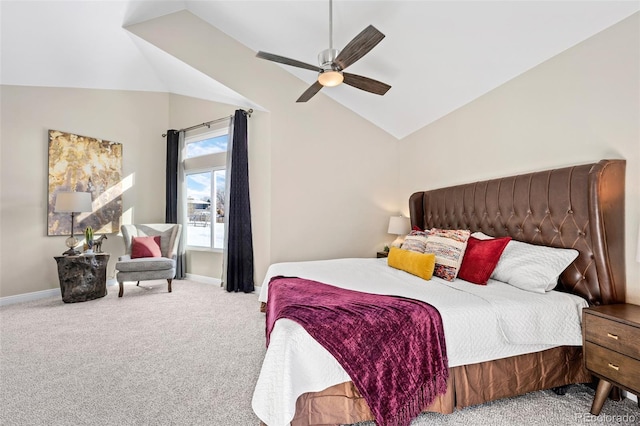 bedroom featuring light carpet, ceiling fan, and lofted ceiling