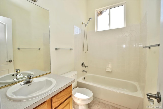 full bath featuring tile patterned floors, vanity, toilet, and shower / bathtub combination