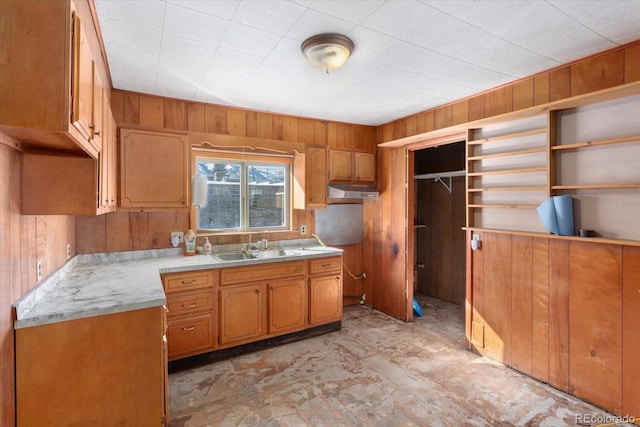 kitchen featuring wood walls and sink