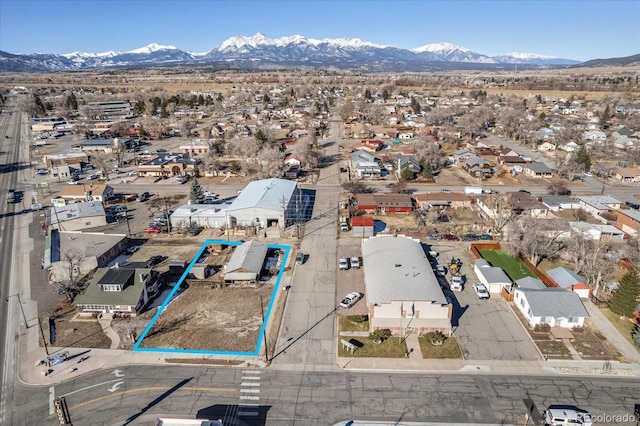 drone / aerial view featuring a mountain view