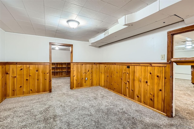 below grade area with carpet, a wainscoted wall, and wooden walls