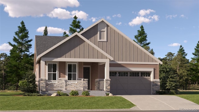 craftsman-style house with covered porch, a garage, and a front yard