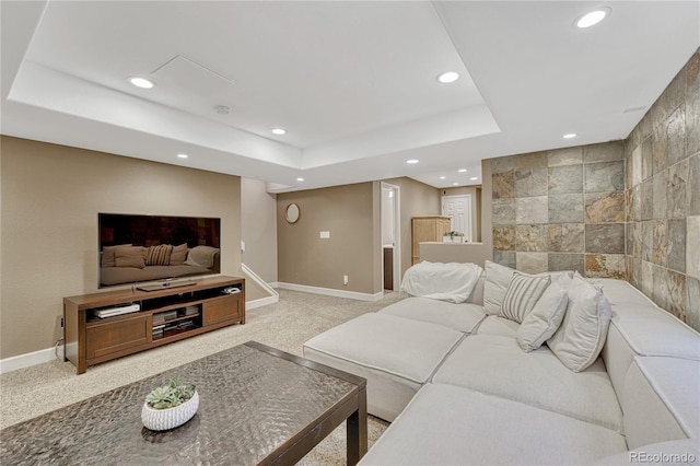 5402 S Queen Way, Littleton, CO 80127 - living room featuring recessed lighting, a tray ceiling, and light carpet