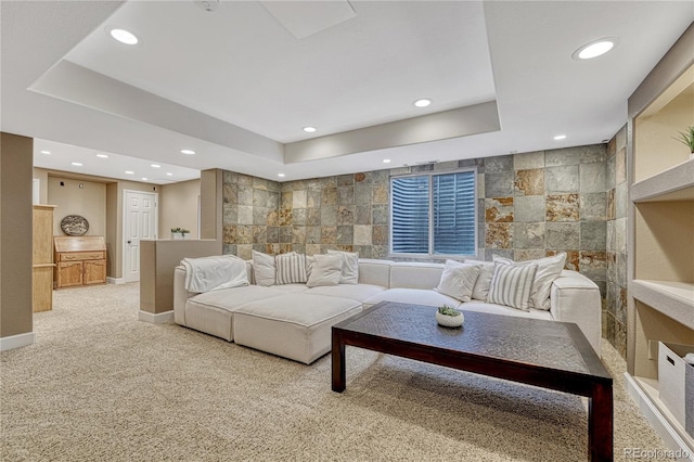 5402 S Queen Way, Littleton, CO 80127 - living room featuring a raised ceiling, recessed lighting, and light carpet