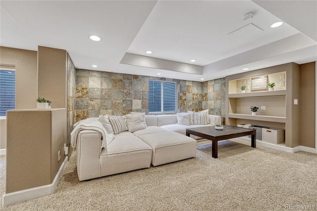 5402 S Queen Way, Littleton, CO 80127 - living room featuring built in shelves, recessed lighting, and carpet