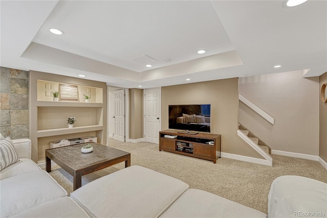 5402 S Queen Way, Littleton, CO 80127 - living room featuring a tray ceiling, carpet, recessed lighting, and stairway