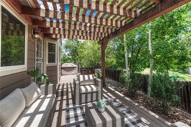 5402 S Queen Way, Littleton, CO 80127 - deck featuring an outdoor hangout area, a fenced backyard, and a pergola