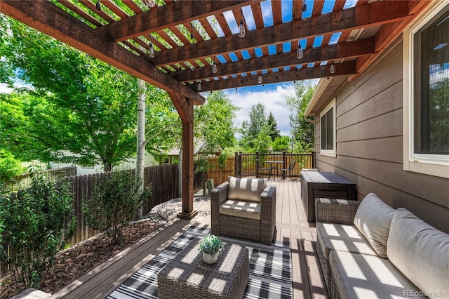 5402 S Queen Way, Littleton, CO 80127 - wooden deck with an outdoor living space, a fenced backyard, and a pergola