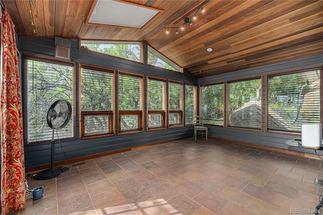 19 Rock Ln, Castle Rock, CO 80104 - unfurnished sunroom featuring vaulted ceiling, rail lighting, and wood ceiling