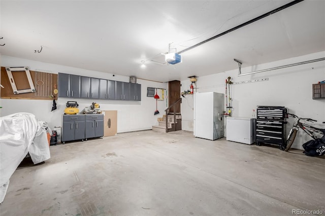 19 Rock Ln, Castle Rock, CO 80104 - garage with freestanding refrigerator, a garage door opener, and refrigerator