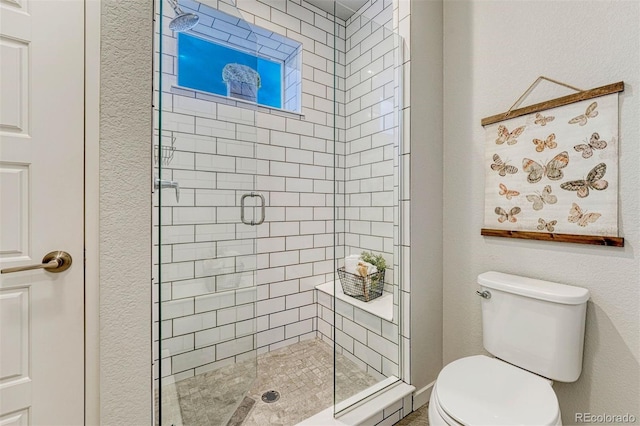 bathroom with a shower stall and toilet