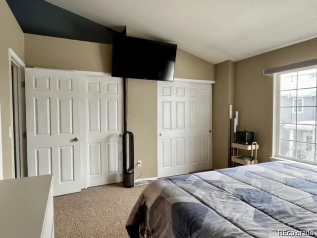 carpeted bedroom featuring a closet and lofted ceiling