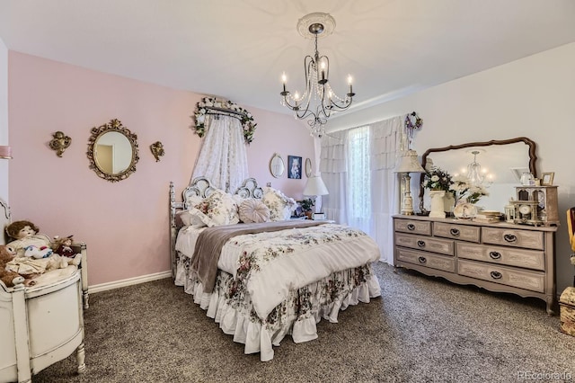 bedroom with dark carpet and an inviting chandelier