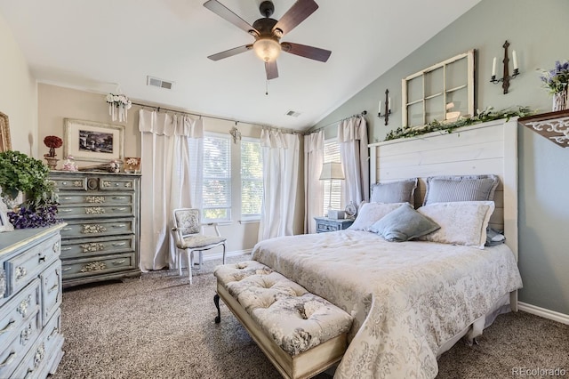 bedroom featuring ceiling fan, vaulted ceiling, and carpet