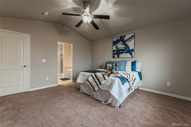 bedroom with vaulted ceiling, ensuite bathroom, ceiling fan, and carpet