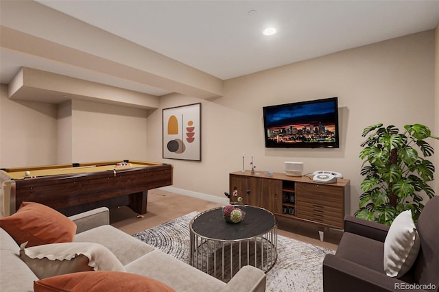 rec room featuring light carpet and billiards