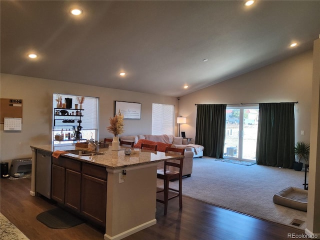 kitchen with stainless steel dishwasher, light stone counters, dark wood-type flooring, a center island with sink, and lofted ceiling