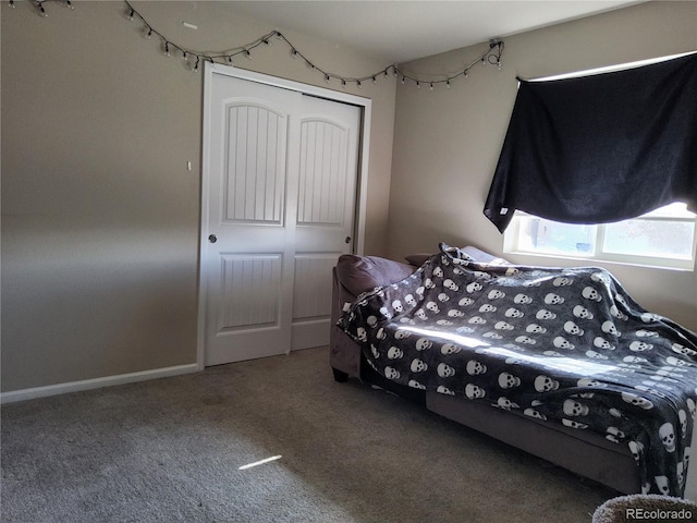 bedroom featuring carpet flooring and a closet