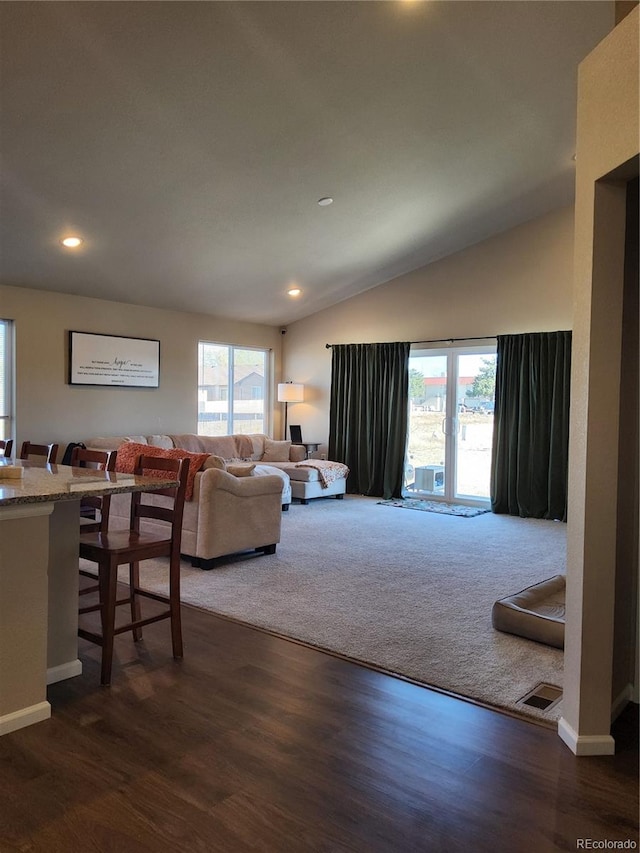 living room featuring dark wood-type flooring and vaulted ceiling