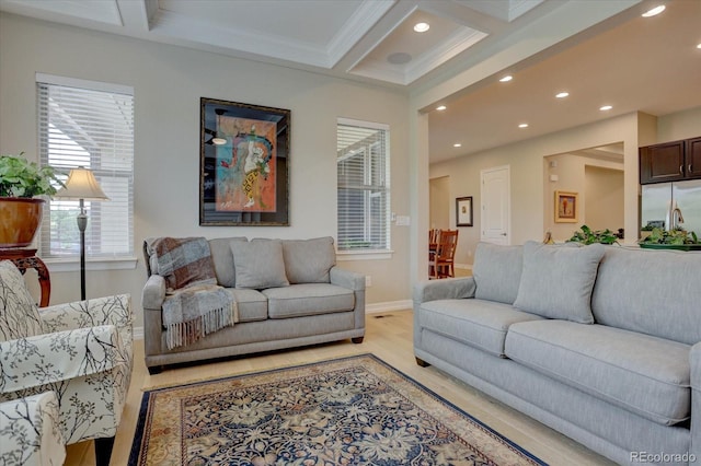 living room with beam ceiling, ornamental molding, and coffered ceiling