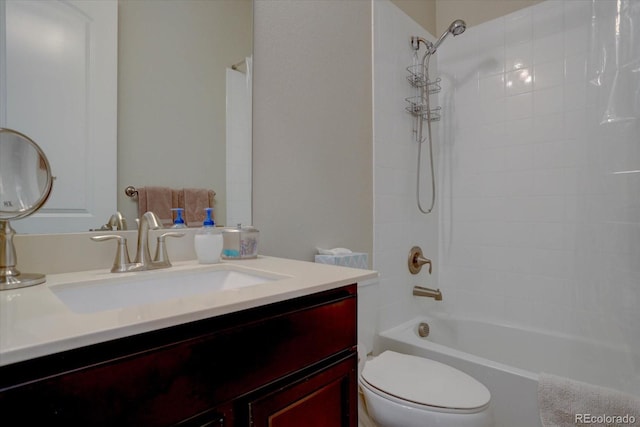 full bathroom with shower / bath combination with curtain, vanity, and toilet