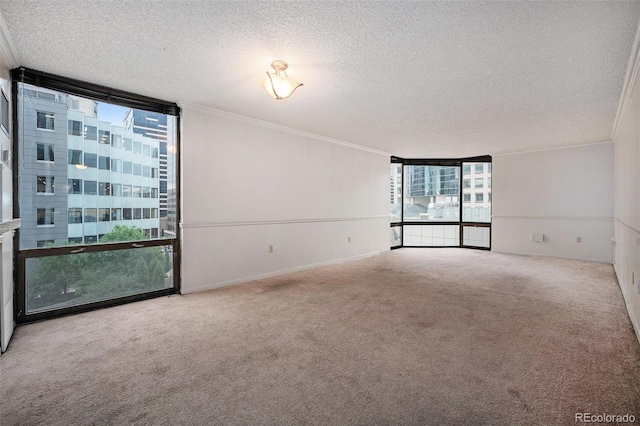 1625 Larimer St Unit 605, Denver, CO 80202 - carpeted empty room featuring a wall of windows, a textured ceiling, and ornamental molding