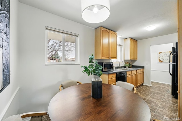 7751 S Race St, Centennial, CO 80122 - kitchen with black dishwasher, stainless steel microwave, a sink, baseboards, and dark countertops