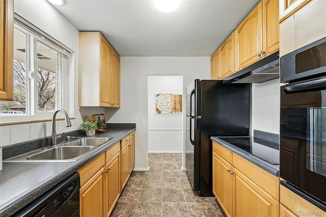 7751 S Race St, Centennial, CO 80122 - kitchen featuring a sink, black appliances, under cabinet range hood, baseboards, and dark countertops