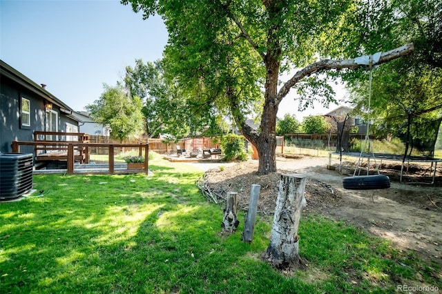 332 Maple Dr, Frederick, CO 80530 - fenced backyard featuring a trampoline, a garden, and a wooden deck