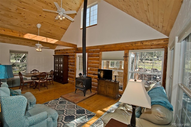 living room featuring a wood stove, a healthy amount of sunlight, high vaulted ceiling, and ceiling fan