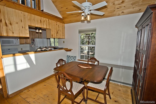 dining area with light hardwood / wood-style flooring, wood ceiling, high vaulted ceiling, and ceiling fan