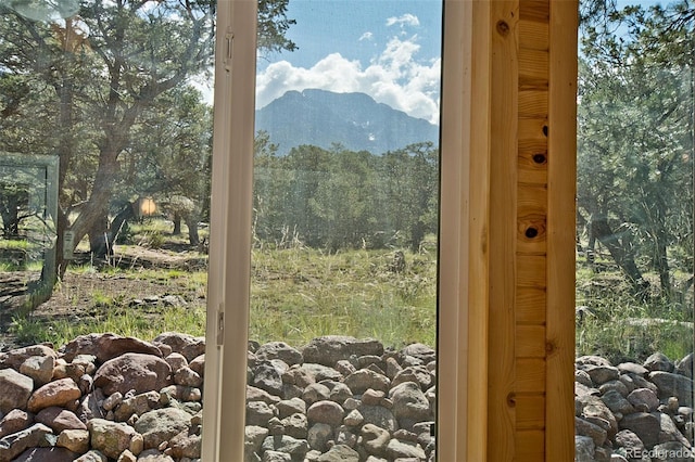 doorway to outside featuring a mountain view