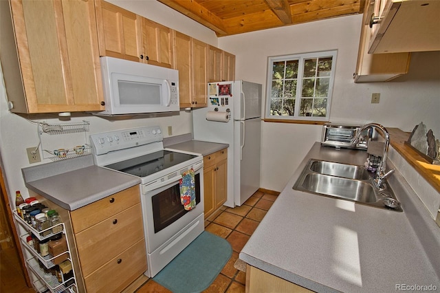 kitchen with light tile patterned flooring, custom exhaust hood, white appliances, sink, and wood ceiling