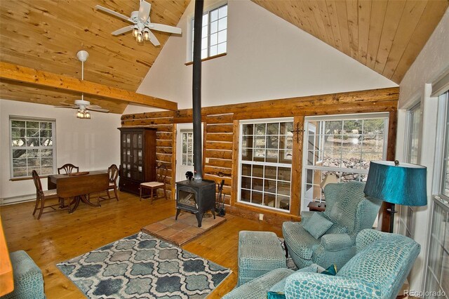 living area featuring wood ceiling, ceiling fan, rustic walls, and a wood stove