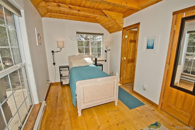 bedroom with light wood-type flooring, multiple windows, and wooden ceiling