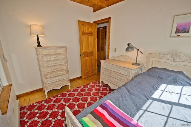 bedroom with light wood-style floors, baseboards, wood ceiling, and beam ceiling