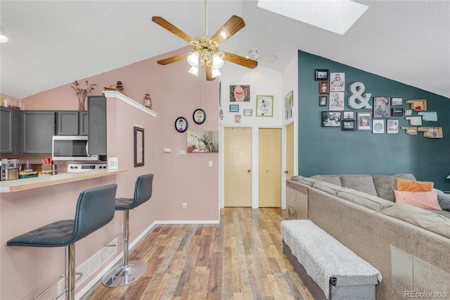 living room with lofted ceiling with skylight, a textured ceiling, and light wood-type flooring