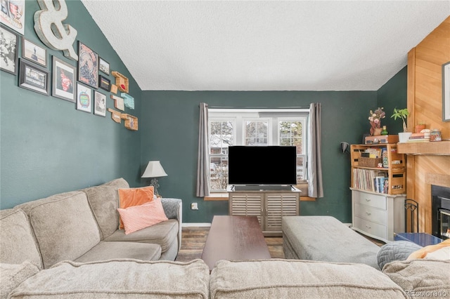 living room with hardwood / wood-style flooring, lofted ceiling, and a textured ceiling