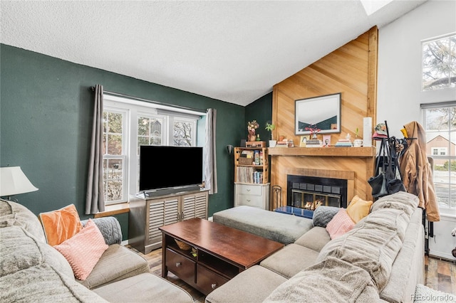 living room with vaulted ceiling, wood-type flooring, and a wealth of natural light