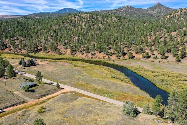 drone / aerial view featuring a mountain view