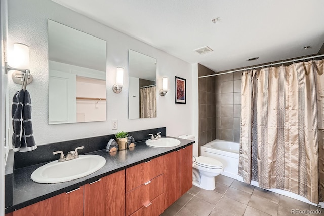 2240 N Clay St Unit 406, Denver, CO 80211 - full bath featuring double vanity, tile patterned flooring, toilet, and shower / bathtub combination with curtain