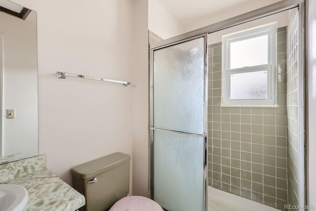 full bath featuring vanity, a shower stall, and toilet