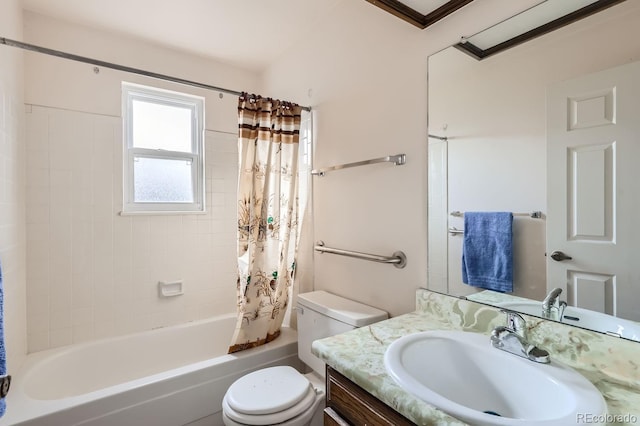 full bathroom featuring toilet, shower / tub combo, and vanity