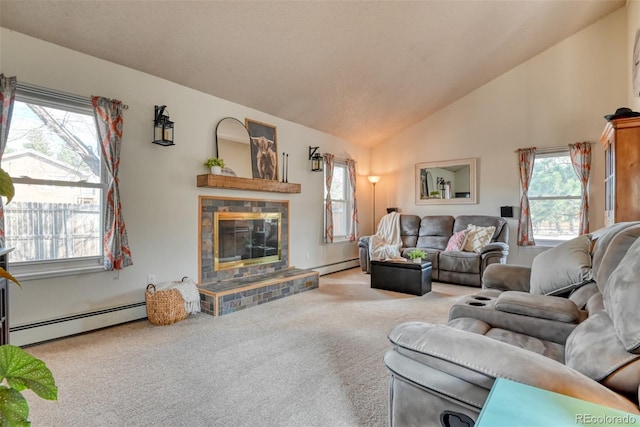 6486 Hawkeye Cir, Colorado Springs, CO 80919 - living area with a tiled fireplace, carpet, vaulted ceiling, and baseboard heating