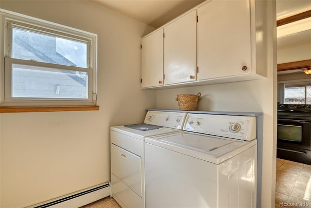 6486 Hawkeye Cir, Colorado Springs, CO 80919 - washroom featuring a baseboard radiator, light tile patterned flooring, cabinet space, and separate washer and dryer